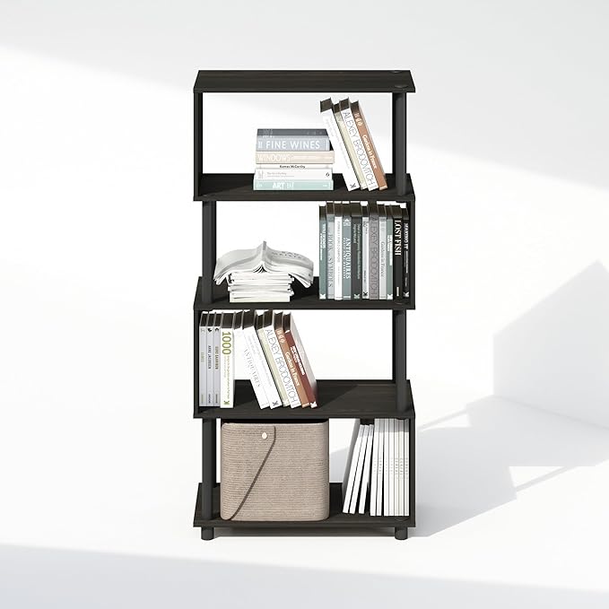 Furinno Reed Book Shelf, 5-Tier Bookshelf with Open Shelf, Geometric Bookcase with S-Shaped Frame, 11.8 x 23.6 x 48, for Living Room, Bedroom, Home Office, Espresso