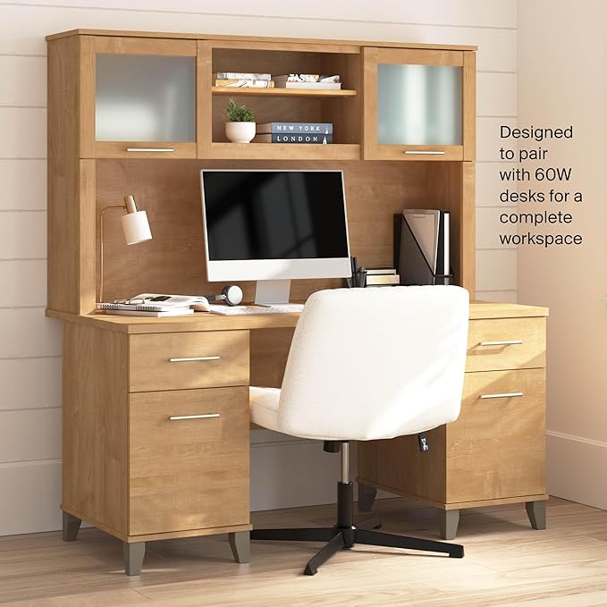 Bush Home 60-Inch Desk Hutch, Office Storage Organizer with Shelves, Cubbies and Frosted Glass Doors for Computer Desk, Home Office Furniture, Somerset Collection, Maple Cross