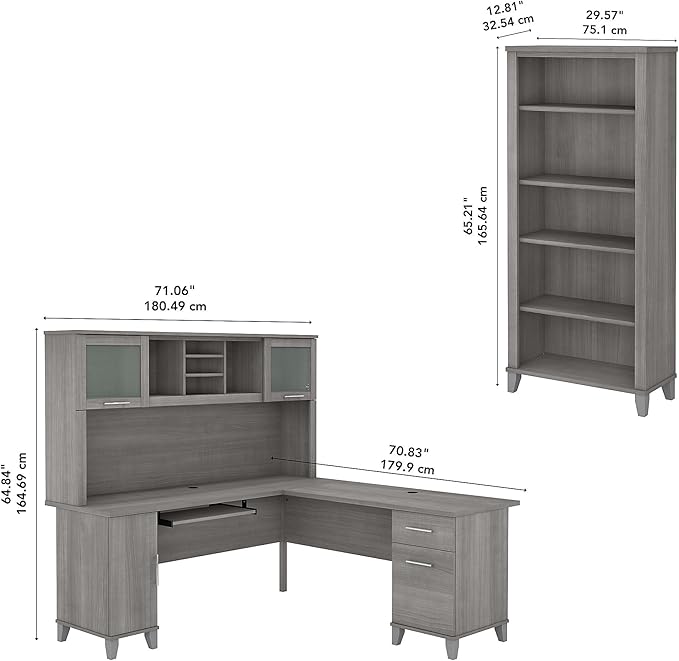 Bush Home Somerset 72W L Shaped Desk with Hutch and 5 Shelf Bookcase in Platinum Gray