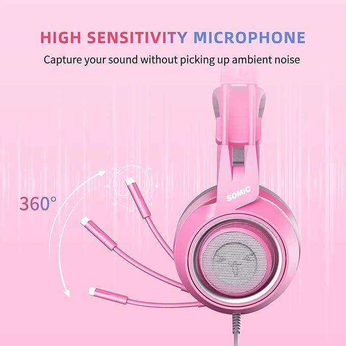 SOMIC G951s Pink Stereo Gaming Headset with Mic for PS4,Xbox,PC,Mobile Phone,3.5mm Noise Reduction Cat Ear Headphones Lightweight Over Ear Headphones for Woman