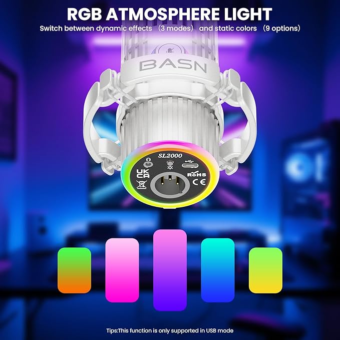 BASN USB/XLR Dynamic Microphone, Live Streaming, Gaming Recording with Three-in-One Mute Button,RGB Lighting and MIC Stand for PC (White) SL2000