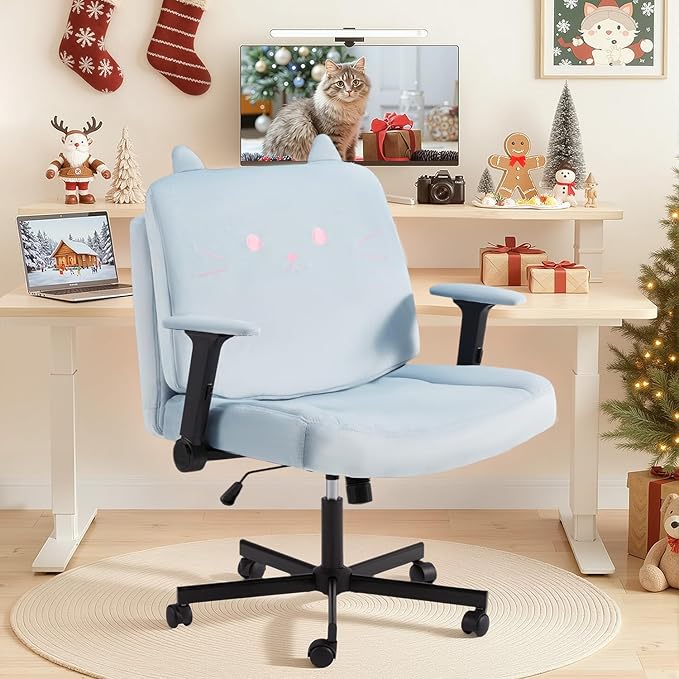 HOMREST Criss Cross Chair with Arms and Castors, Plus Size Cross Legged Office Chair with Extra Wide Seat&Flexible Back Cushion, Cute Comfy Desk Chairs for Home Office, Vanity, Gaming,Reading(Blue)