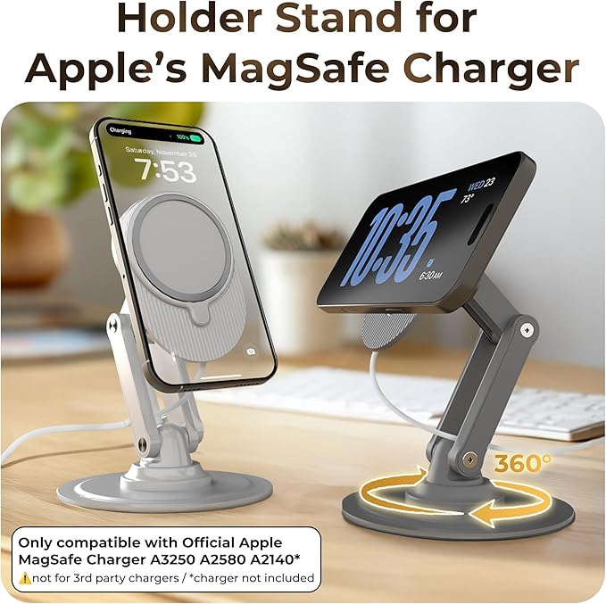 COOPER 360 MagBase - iPhone MagSafe Charger Stand for Apple MagSafe Charger (Not Included) AirPods Charger, MagSafe Stand for iPhone 17/16/15/14/13/12 Pro/Max | Standby Mode, 360° Rotation (White)
