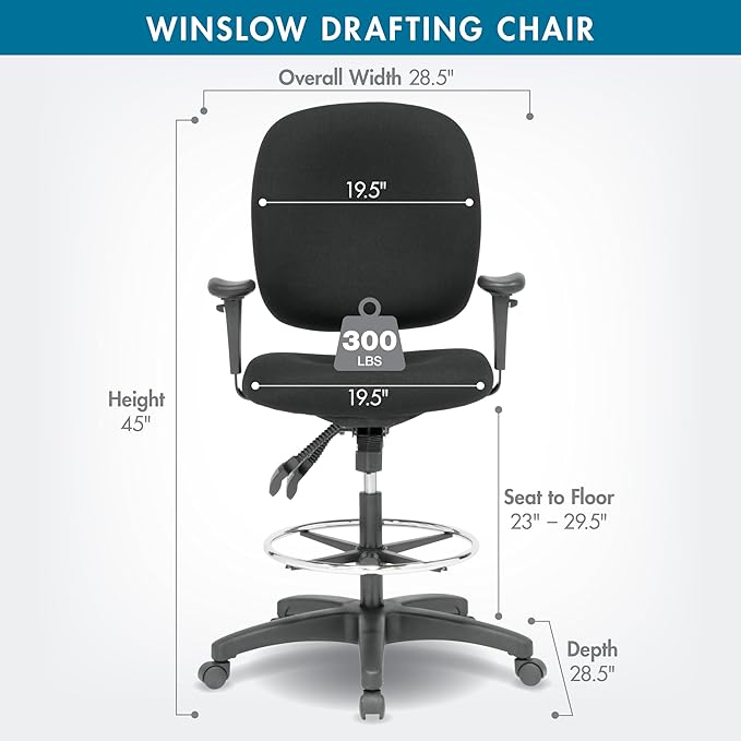 Studio Designs Winslow Drafting Work Chair with Foot Rest - Adjustable Height Chair - Contoured for Desk or Drafting Table