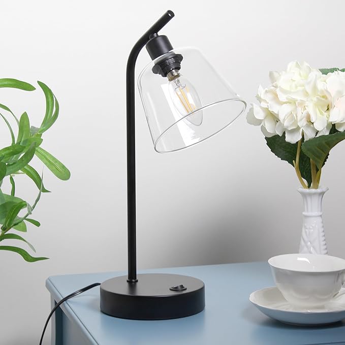 Simple Designs LD1074-BLK 15.75" Sleek Essentials Modern Industrial Metal Desk Lamp with Clear Glass Shade and Dual USB Ports, for Office, Desk, Nightstand, Dorm, Black