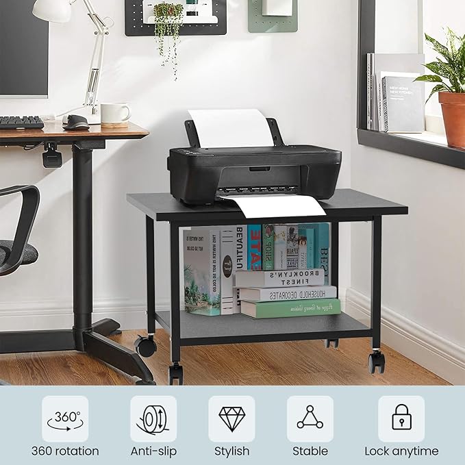 SwaaVee Printer Stand with Storage Under Desk Shelf, Desktop Printer Stand Organizer, Rolling Printer Cart Storage Paper Files Holder for Desk, Office, Home, (Black)