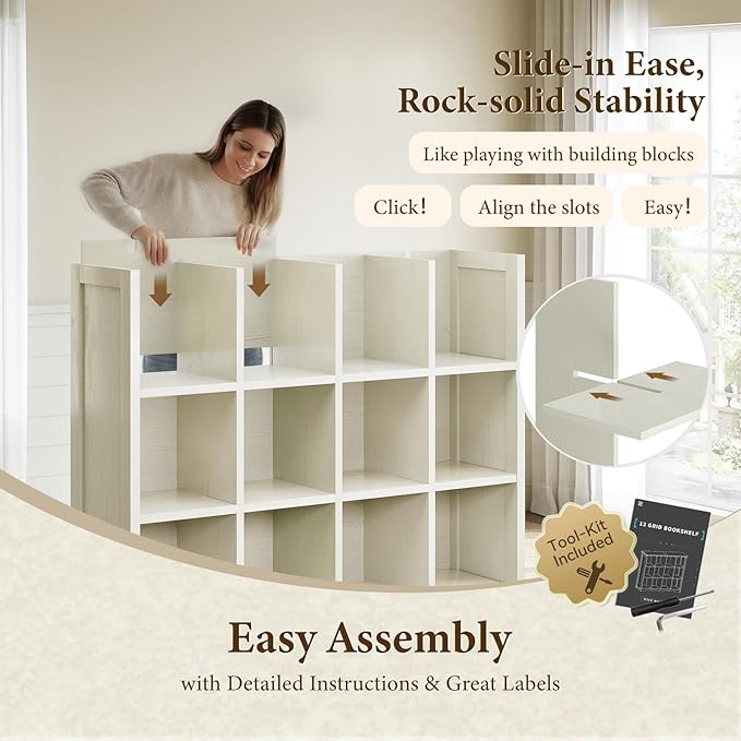 OffiGo 12 Cube Organizer Bookcase, Modern Farmhouse Open Shelf for Storage Bins & Decor, Display Bookshelf Console Closet for Living Room, Bedroom, Home Office, Walnut+White
