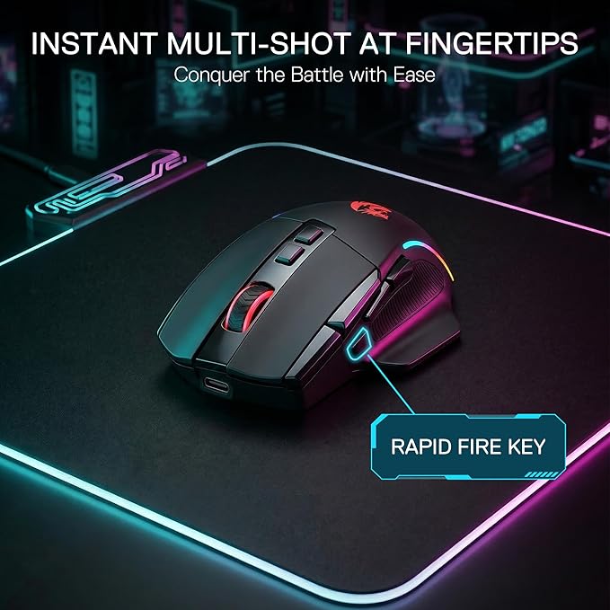 Redragon M925 PRO Wireless Gaming Mouse, 26,000 Max DPI Optical RGB Mice with 10 Programmable Buttons, Hyper-Fast Scroll, Software Supports DIY Keybinds & DPI, Black