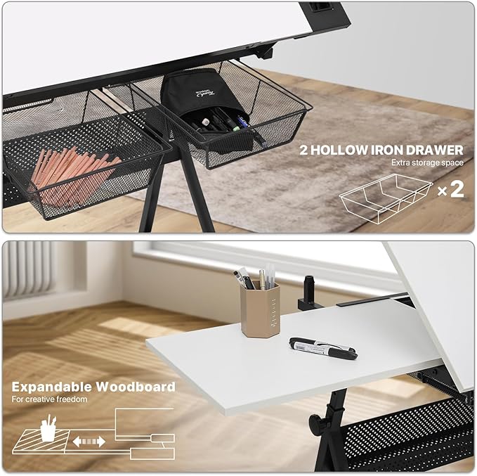 Athena Collection Drafting Table for Artists, Height Adjustable Drawing Table, Dual Desktop Art Desk Metal Frame Art Table Tiltable Craft Desk Paintings Work Station with Stool and Drawers, White