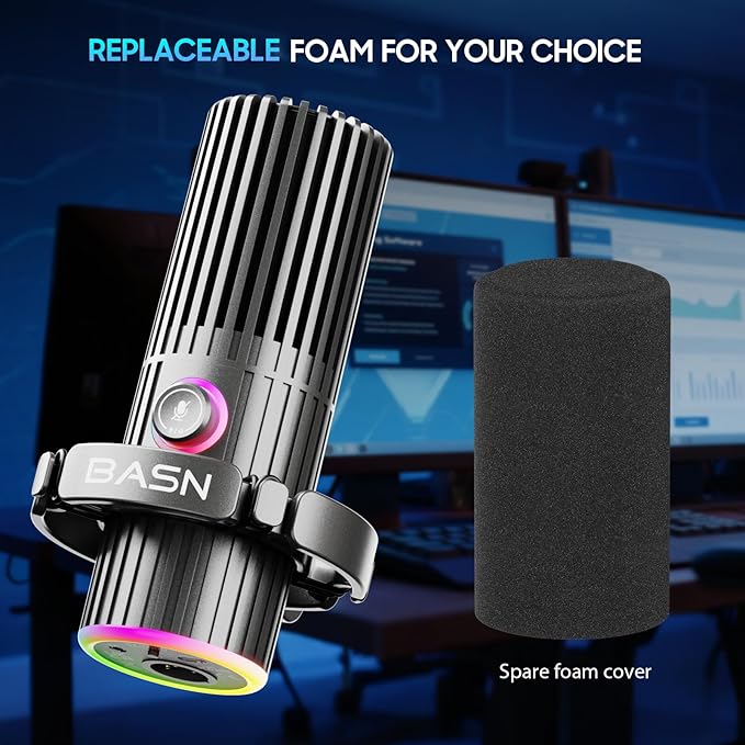 BASN USB/XLR Dynamic Microphone for Podcasting, Live Streaming, Gaming Recording with RGB Mute Button, Headphone Monitoring and MIC Stand (Gray) SL2000