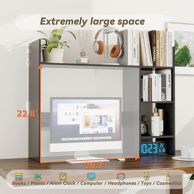 FTZxHKLX Desktop Bookshelf, Wood Desk Organizer Hutch with 3 Shelves for Computer Desk, 37.4'' Multipurpose Display Rack with Storage for College Dorm Office Home, Black