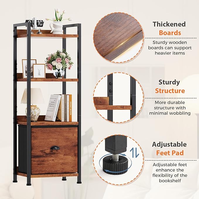 Sweetcrispy 4-Tier Bookshelf with Fabric Drawer, Wood-Metal Standing Display Shelf, Multi-Functional Organizer for Books, CDs and Movies, Suitable for Bedroom, Living Room, Brown