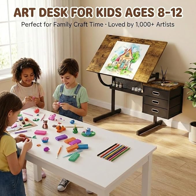 Drafting Table with Storage, Adjustable Art Desk & Art Table with Stool, 0-75° Tilting Top, 3 Drawers for Diamond Painting, Architecture, Animation, Office (Adults & Teens) (Rustic Brown)