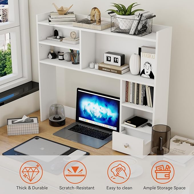 ELECWISH Desktop Bookshelf, Desk Hutch with Drawer for Computer Desk, 35.04" 6-Tier Adjustable Desktop Shelf Organizer for Home Office, White