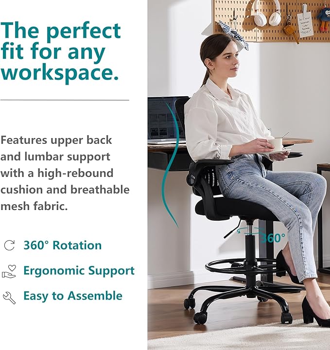 DUMOS Drafting Chair for Standing Desk, Counter Height Adjustable, Flip-up Arms, Ergonomic Mid Back Mesh Rolling Work Swivel Office Computer Chairs with Wheels, Black