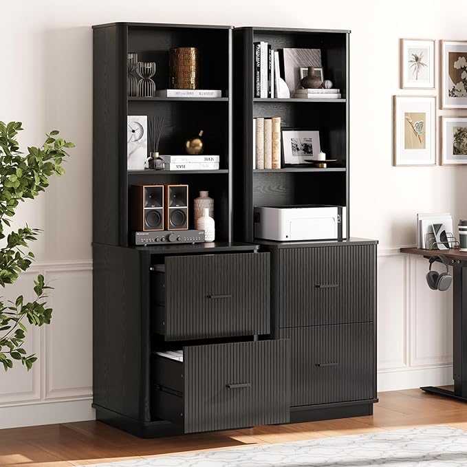 ONBRILL 71" Tall Fluted Bookcase with 2 File Drawers, Curved Design Display Bookshelf with Storage, Mid-Century Modern 3 Tier Bookcase with Sturdy Pedestal for Home Office, Living Room, Black
