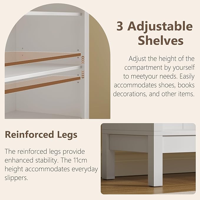 Wodeer Tall Arched Bookshelf, 7-Tier Bookcase with 3 Adjustable Shelves, Modern Farmhouse Storage Shelf for Living Room, Entryway, Office, 29.5" W x 70.1" H x 13.8" D, White