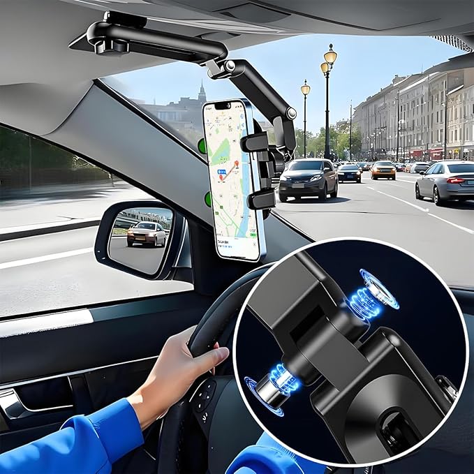 Car Sun Visor Phone Holder, 1080° Rotatable Rear View Mirror Cell Phone Mount with Extendable Arm, Adjustable Automotive Interior Smartphone Clip, Universal for Vehicles (Green)