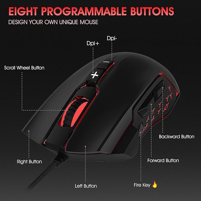 LeadsaiL Gaming Mouse Wired RGB PC Gaming Mice, 7200 DPI, 8 Programmable Buttons, 6 Color Backlight, Ergonomic Optical Computer Mouse for Desktop PC Laptop Gamer & Work