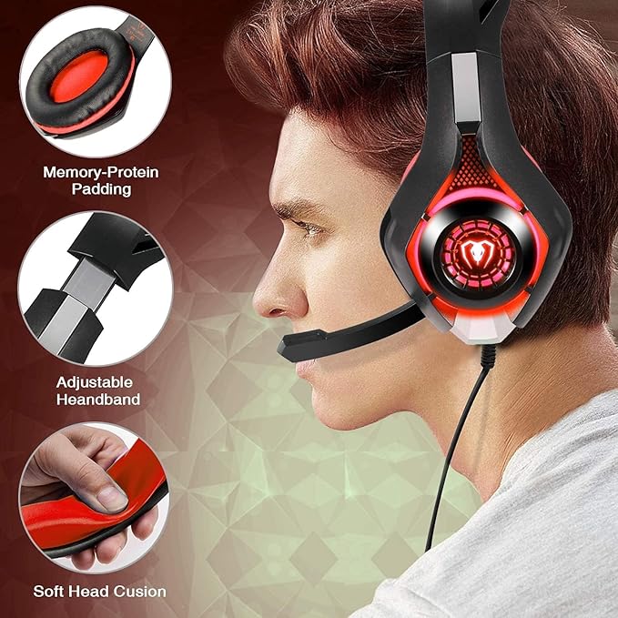 BlueFire Stereo Gaming Headset with Microphone for PS5 PS4 Xbox One Switch PC Mac – Wired Over-Ear Headphones with Surround Sound, Soft Memory Foam, Noise Canceling Mic, Light, 3.5mm Jack (Red)