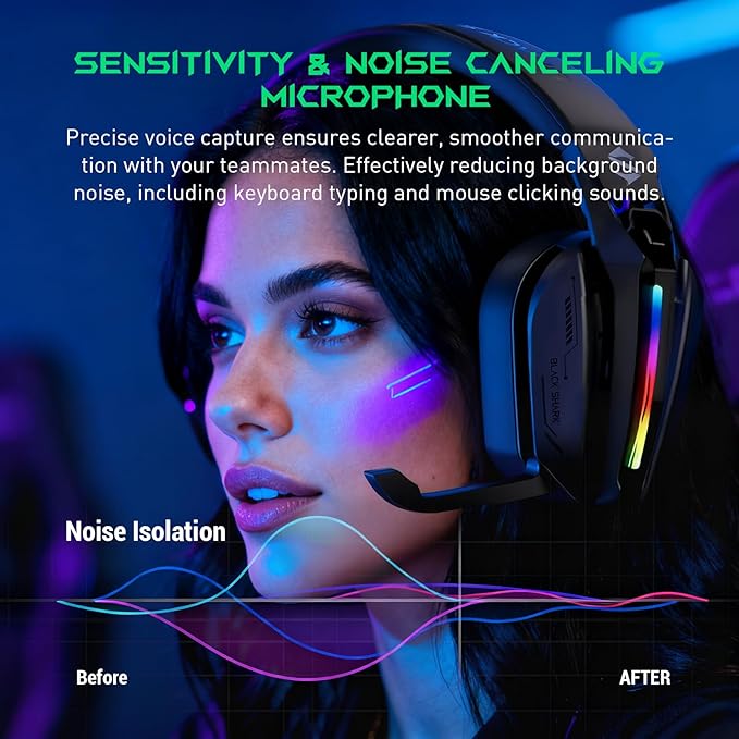 Black Shark Wireless Gaming Headset, Bluetooth 6.0 Gaming Headphones with USB and Type-c Connector, 7.1 Surround Sound for PC, PS5, PS4, Noise Canceling Microphone & 40H Battery, Goblin X8 (Black)