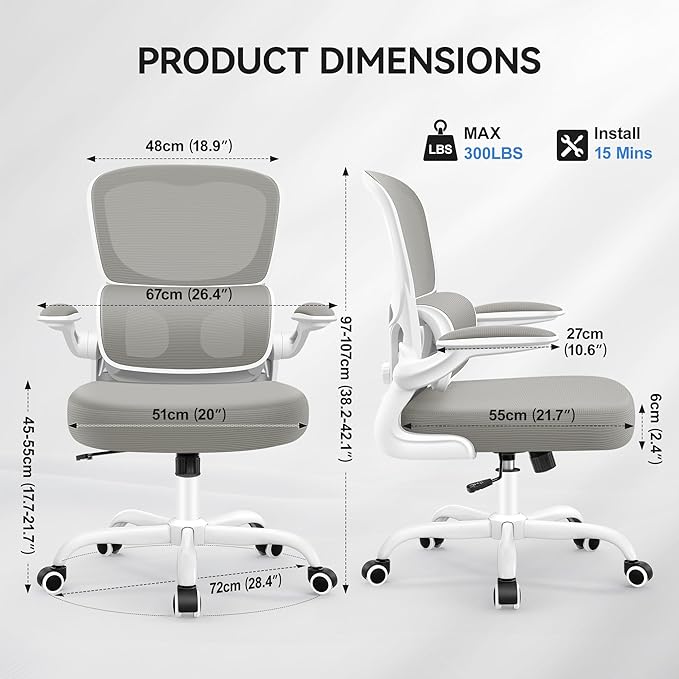 ALLGOD Ergonomic Office Chair, Breathable Mesh Ergonomic Desk Chair with Adjustable Lumbar Support, Flip-up Armrests, Computer Chairs Comfortable for Home, Office, Work, 300lbs, LightGray, Upgrade