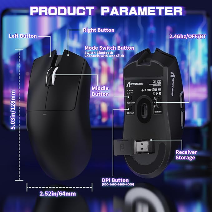 ATTACK SHARK X11SE Ultra-Light Wireless Gaming Mouse,Tri-Modes BT5.2/Type-C Wired/2.4G,PixArt PAW3311 Gaming Sensor,22KDPI,5 Programmable Buttons for Laptop,PC,Mac Gamer (Black)