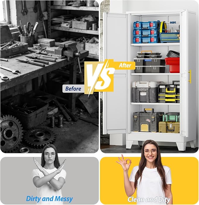 PAOFIN 61" Metal Storage Cabinet with 2 Doors and 3 Adjustable Shelves,White Metal Garage Storage Cabinets, File Cabinet,Steel Tool Cabinets for Home,Office,Garage,School,Warehouse