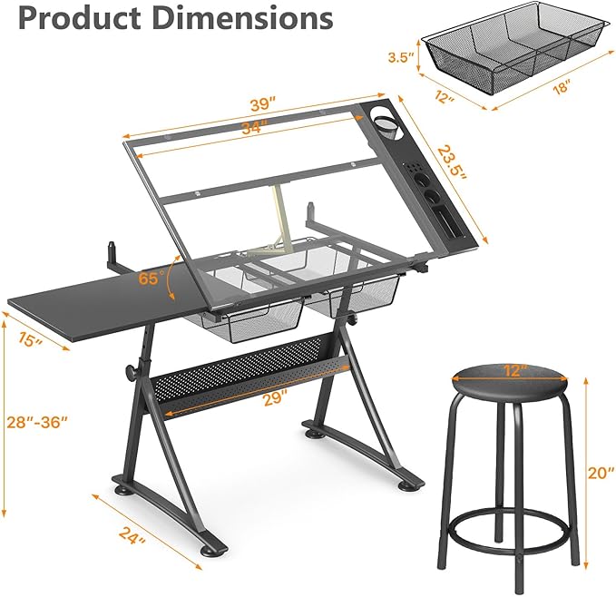 OS MOTOR Adjustable Height Drafting Table with Glass Top, Art Craft Desk with Slide-Out Drawers, Storage, for Drawing, Writing, Painting, and Creative Tasks, Ideal for Home Office