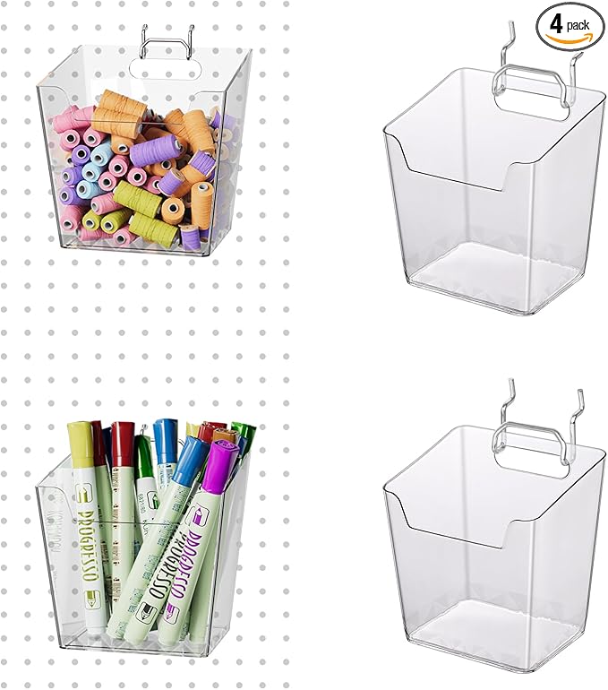 LIGHT DUST Clear Pegboard Cups with Hooks, 1/8" & 1/4" Peg Board Orangizer Accessories Aesthetic Decoration for Garage Workbench Craft Room Office Playroom Organization (4, Small)