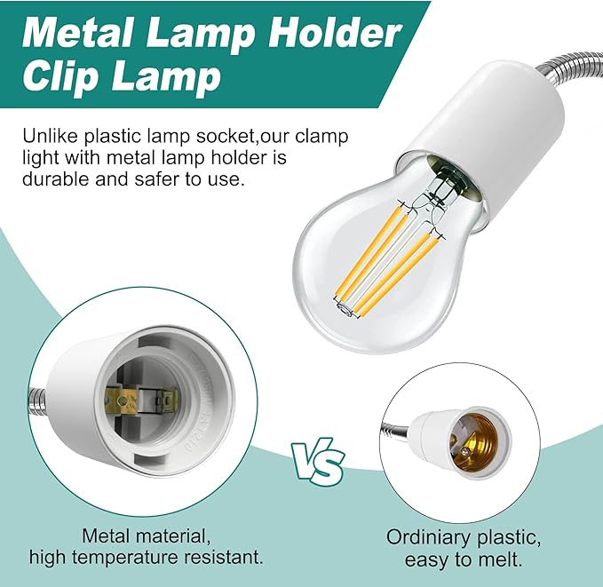 Desk Clip Lamp Holder, Clip on Light with Metal Clip Base,360° Flexible E26/E27 Book Clamp Light Fixture with 7.2 FT Cable, 9MM&350MM Thickened Lengthened Gooseneck Clamp Light Socket, for Study Work