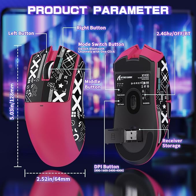 ATTACK SHARK X11SE Wireless Esports Gaming Mouse,Tri-Modes BT5.2/Type-C Wired/2.4G,PixArt PAW3311 Gaming Sensor,22K DPI,59g,5 Programmable Buttons for Laptop,PC,Mac Gamer(Berry Red&Sticker)