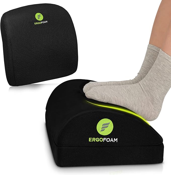 ErgoFoam Adjustable Foot Rest (Teardrop, Velvet, Black) and Lumbar Support Pillow Bundle
