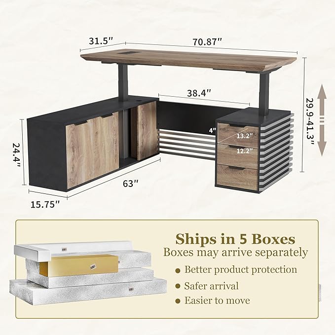 SAINTCY 70.87In L Shaped Executive Standing Desk with Drawers, Large Modern Adjustable Heigh Home Office Desk w/File Cabinet, AC/USB, Business Workstation, Black and Warm Oak
