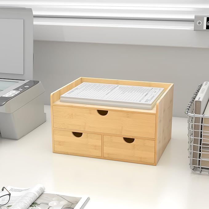 Bamboo Desk Drawer Organizer, Large Desktop Organizer with Drawers Tabletop Storage Organization Box for Office Home Toiletries Supplies Vanity, No Assembly Required (3 Drawer with Shelf)