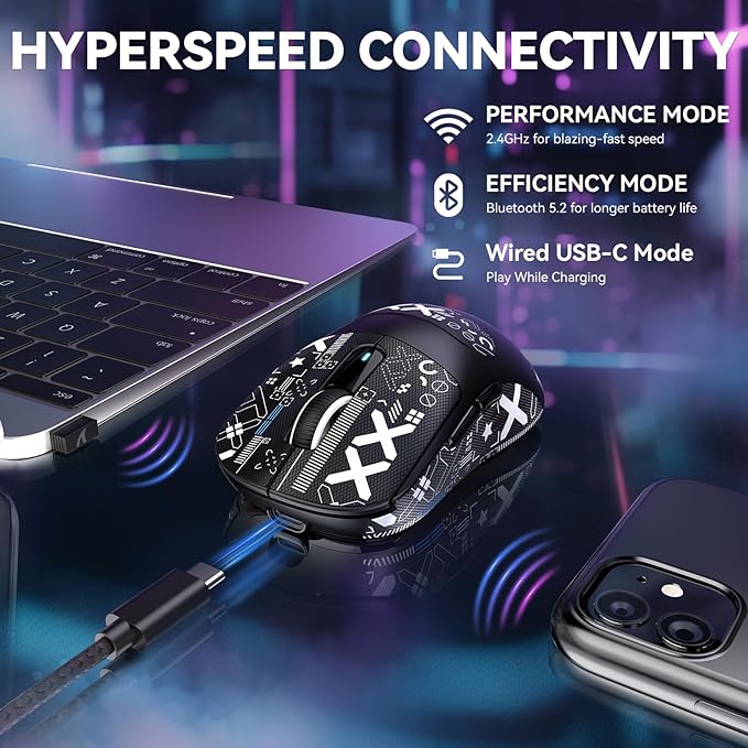 MANBASNAKE Attack Shark X3MAX 49g Wireless Supelight Mouse with Tape, BT/2.4G Wireless/Wired Gaming Mouse, PAW3950 42K DPI Optical Sensor, 200h Battery, Programmable Mouse for PC/Mac/Win (Black)