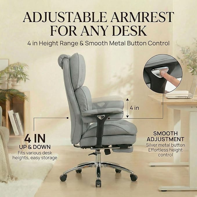 Efomao Big & Tall Executive Office Chair with Footrest - 400lbs Heavy Duty High Back PU Leather Desk Chair, Modern Ergonomic Reclining Computer Chair, Grey