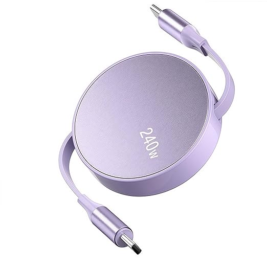 240W USB C to USB C Cable(Purple), Retractable USB c Cable Fast Charger, Short Type-C Charging Cord for iPhone 17/17 Air/16 Pro Max/15 Plus/Samsung Galaxy Z Flip 6 5 4/Google 10 Travelling Essentials