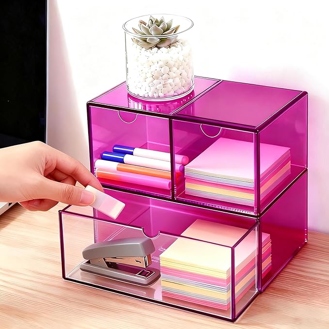 Gelite Desk Organizer with 3 Storage Drawers for Makeup Office Acrylic Desktop Drawer Organizer for Vanity Office Organization and Storage Box, Purple