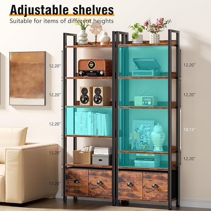 Furologee 6-Tier Bookshelf, Tall 71" Rustic Bookcase with 2 Drawers Storage Organizer, Industrial Display Free Standing Shelf Units, Wood and Metal Storage Rack for Home Office, Bedroom, Rustic Brown | Bookcase, 2 Drawers, Storage Organizer, Industrial...
