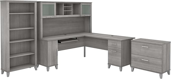 Bush Furniture Somerset 72W L Shaped Desk with Hutch, Lateral File Cabinet and Bookcase in Platinum Gray | Computer Table for Home Office