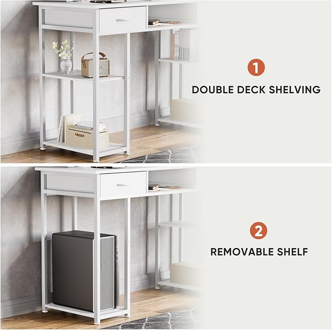 DUMOS 48" Small Computer Home Office Desk for Bedroom with Drawers, Gaming Writing Study Table with Storage Shelf, Adjustable Feet, Metal Frame White
