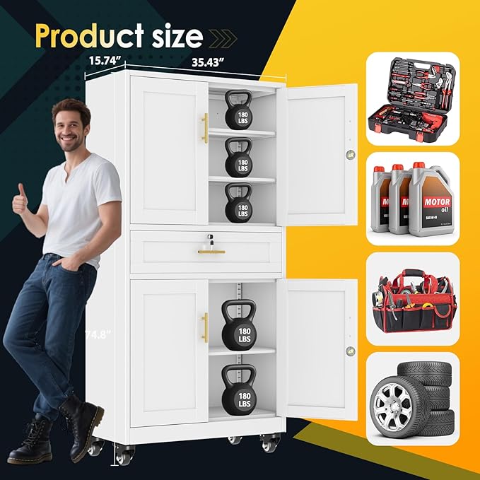 PAOFIN Metal Tall Storage Cabinet with Drawer, Garage Storage Cabinet with Locking Doors and 3 Adjustable Shelves, 71" H Steel Cabinets for Garage, Home, Office, White, Assembly Required