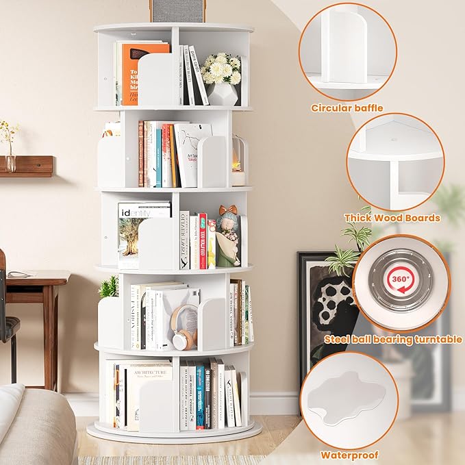 Besiost Rotating Bookshelf Tower, 5 Tier Spinning Bookcase, Revolving 360 Book Shelf Narrow Tall Bookcase, Vertical Turning Round Bookshelf Organizer, Wood Corner Book Shelf for Small Space, White