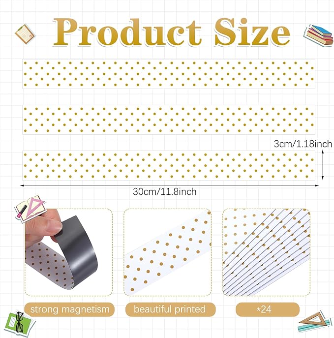Ireer 24 Pieces Magnetic Strips Retro Magnetic Border for Classroom Whiteboard Bulletin Board Decorative Strips with Adhesive Borders for Bulletin Chalkboard(Gold Dot)