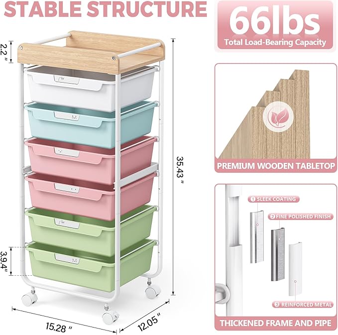 SYKIARIOL Rolling Storage Utility Cart with 6 Drawers,Art Supply Craft Organizer,Sewing Makeup Organizer and Storage,Office Organization Wooden Tabletop,Dark Pink Blue