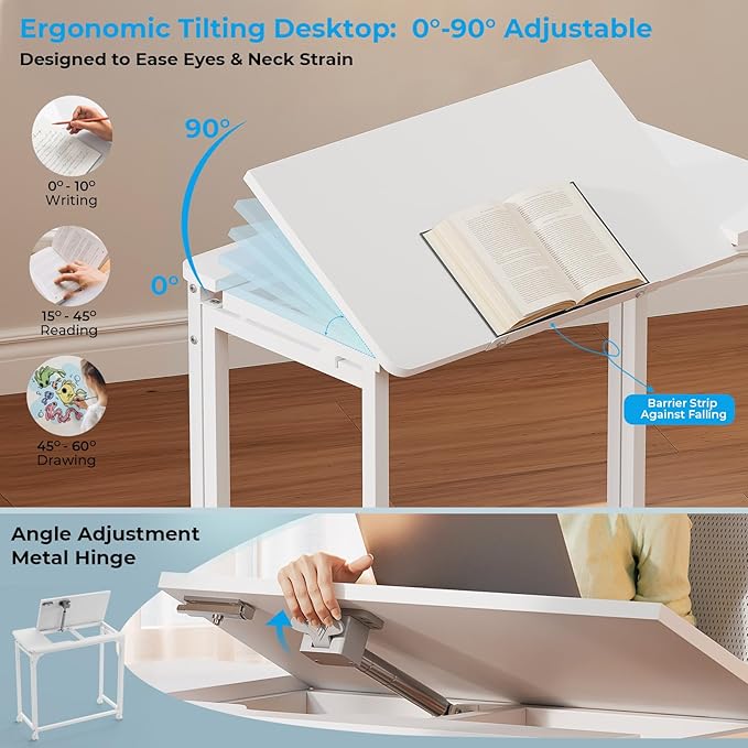 GreenForest Folding Desk with Wheels, 31.5 Inch Adjustable Tilt Drafting Table, Portable Rolling Foldable Desk for Small Space, Home Office, Drawing & Craft Workstation, White