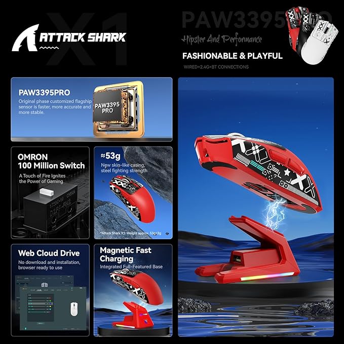 MAMBASNAKE Attack Shark X1 Wireless Gaming Mouse with RGB Charging Dock,PAW3395 PRO Sensor 40K DPI,1KHz Polling Rate 53g Superlight Tri-Mode Computer Mice,5 Programmable Buttons for Win/MAC-Red&Tape