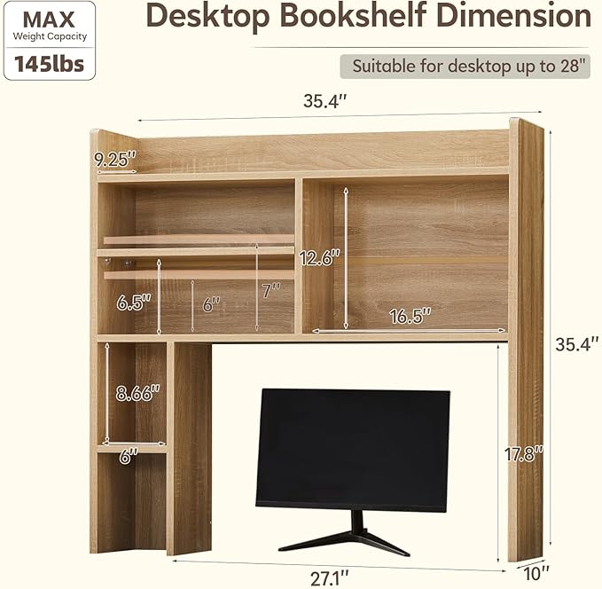 OFCASA Desktop Bookshelf, Countertop Storage Hutch with 7 Shelves for Computer Desk, 35.4'' 3-Tier Display Rack, Multipurpose Wooden Desk Hutch Storage Organizer for Home Office Dorm, Natural