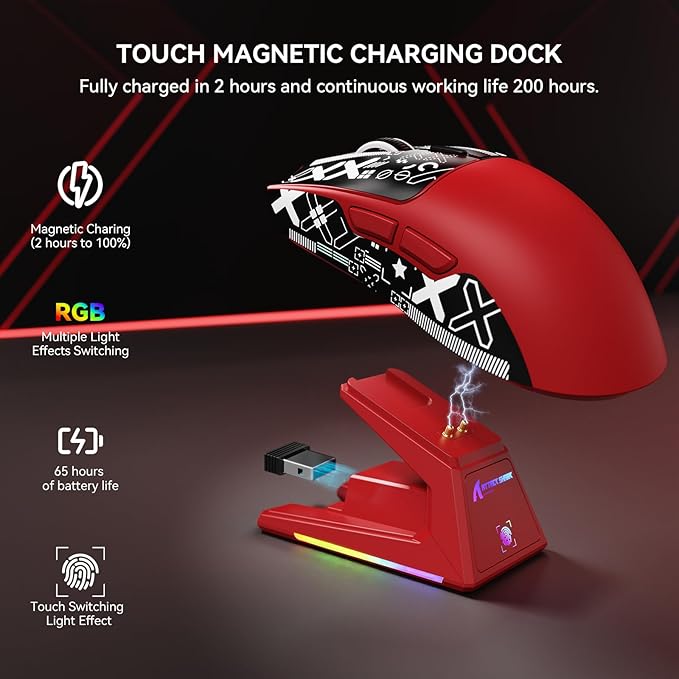 X1 Superlight Wireless Gaming Mouse with RGB Magnetic Charging Dock, BT/2.4G Wireless/Wired Gaming Mouse, PAW3395PRO Gaming Sensor, 40000DPI, Tape, 53g Office Mice for PC/Mac/Win/Xbox (Red)